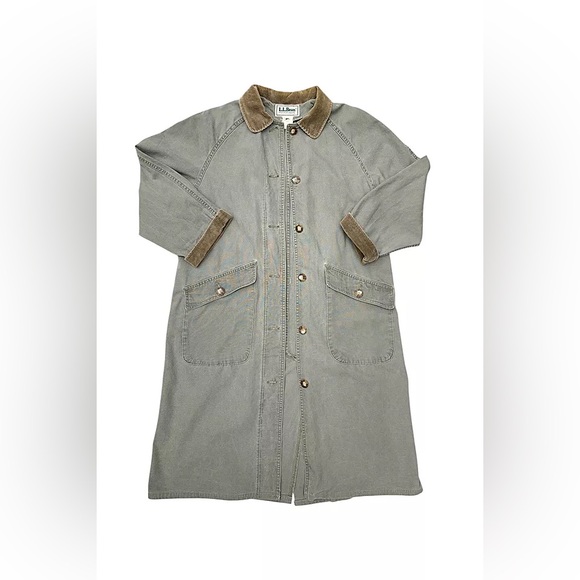 Vtg LL Bean Long Canvas Coat Size L Barn Chore Duster Corduroy Collar Green USA - Picture 3 of 15